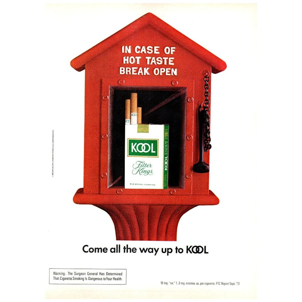 1974 Kool Cigarettes Come All The Way Up Vintage Print Ad Fire Extinguisher Art